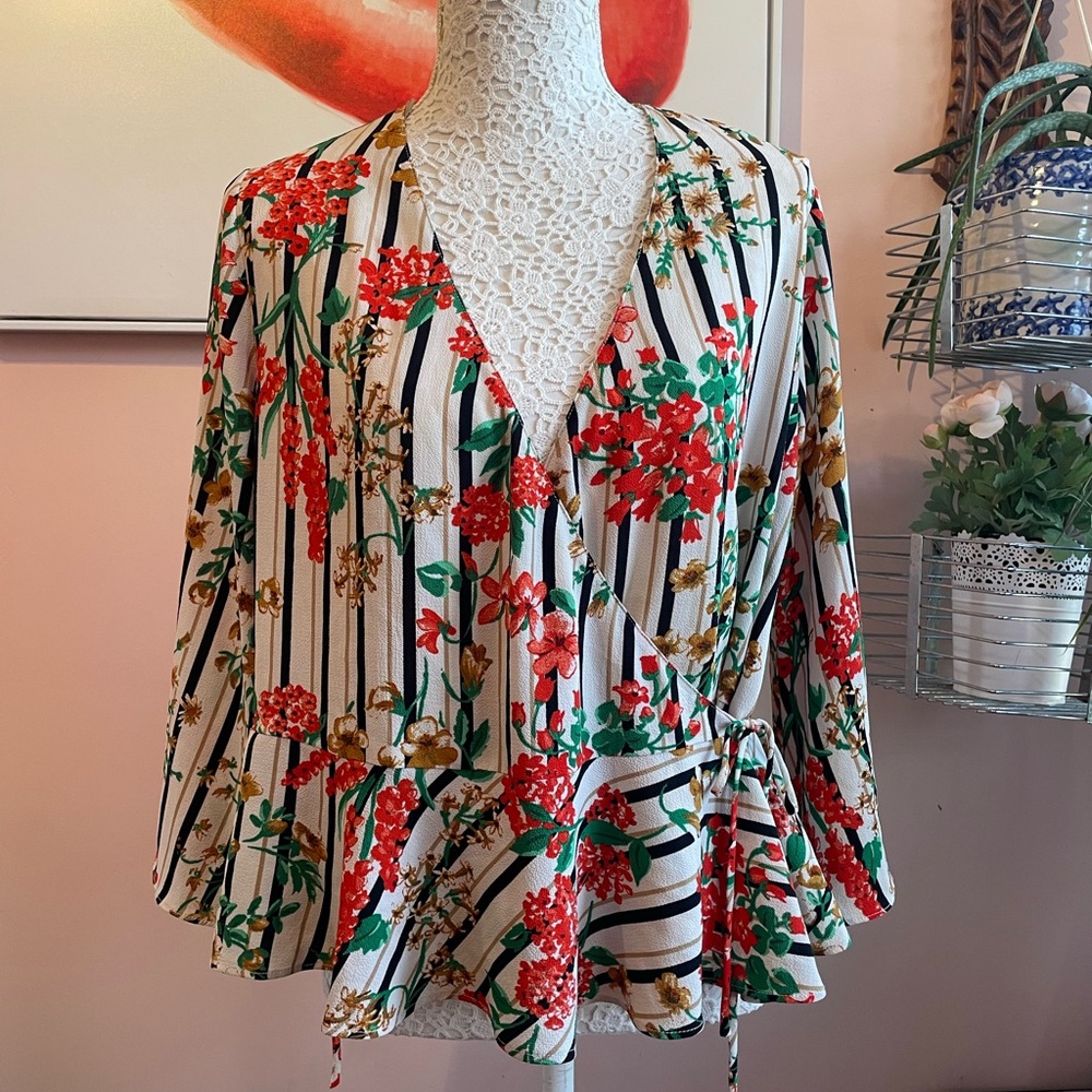 Zara Red and Green Bell Sleeve Wrap Blouse